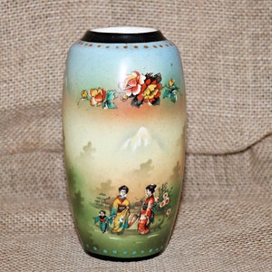 Airbrush Style Japanese Vase, Transferware, Traditional Dress, Floral, Fisherman, Koi Fish, Mountains, Forest, Pastel, Moriage Rim, Vintage
