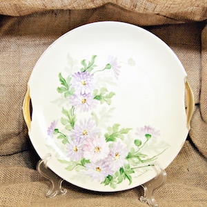 KPM Floral Cake Plate, Purple Flowers, Gilded Handles, Hand Painted, Artist Signed, Berlin, Made in Germany, Tea Party, Antique, Event