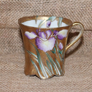 Royal Nippon Iris Demitasse Cup, Made in Japan, Moriage, Hand Painted, Artist Initials, Gold, Purple, Scalloped Foot, Heavy Gilding, Kitsch