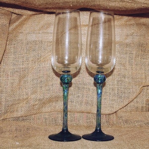 Blue Speckled Champagne Glass Pair, Set, Large, Tall, Art Glass Style, Extra Tall, Special Events, Anniversary, Wedding, Celebration, Kitsch