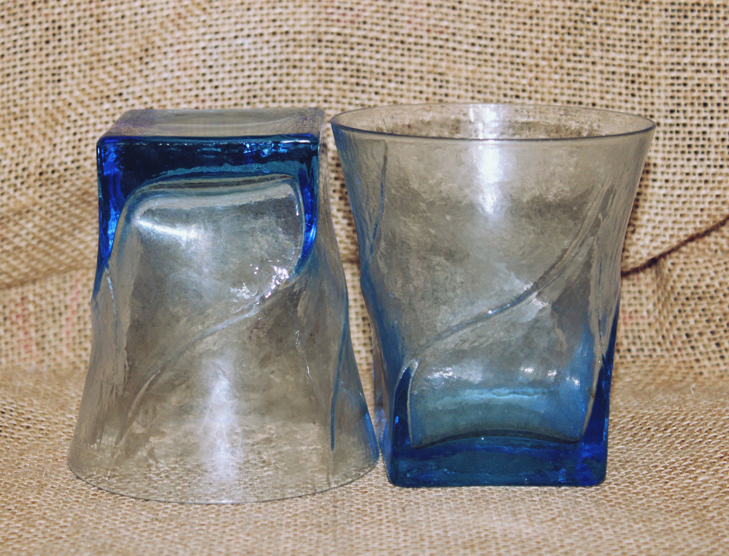 Blue Aqua Water Glasses, Wave Motif, Twist Design, Square Bottom, Juice