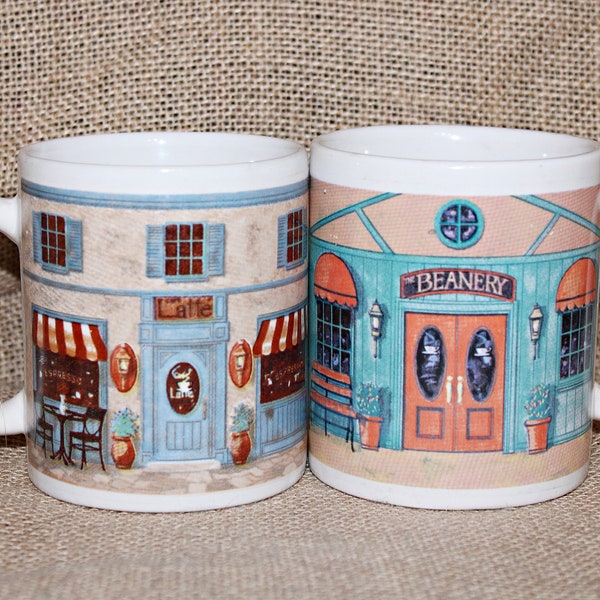 Coffee Shop Mug Set, Mismatched Pair, Cafe Latte, The Beanery, BI Inc, Street Scene, Sidewalk Setting, Canopy, Cafe Scene, Breakfast, Kitsch