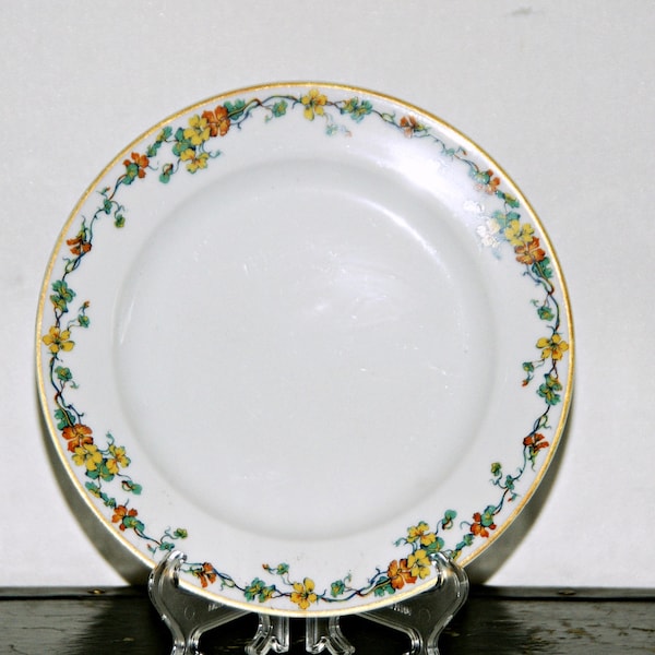 Haviland Limoges, Salad Plate, 7 and One Half Inch, Made in France, Orange, Yellow, Green, Floral, Vines, Leaves, Gilded Rim, 1900s, Antique