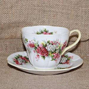 Royal Albert Blossom Time Weißdorn Teetasse mit Untere, England, Gelber Griff und Rand, Interior Floral, Rosa & Weiß, Frühstück, Kitsch