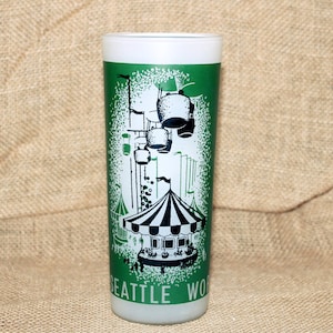 Seattle World&#39;s Fair 1962 Frosted Highball Glass, Green, World of Entertainment. Century 21 Exposition, Description, Atomic Age, MCM, Kitsch