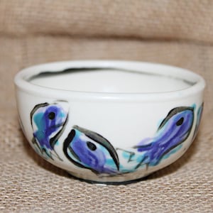 Blue Fish Bowl, Small, Oil and Vinegar, Finger Bowl, Hand Painted, Art Pottery, Signed, Black Band Rim, Handmade, Studio Pottery, Kitsch