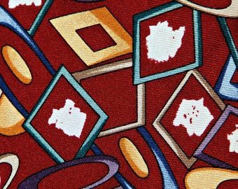 Adolfo Atomic Age Tie, Geometric, Burgundy, Multicolor, Pure Silk, Made in USA, Mid Century, Mad Style, Space Age, 1960s, Vintage Men's Tie