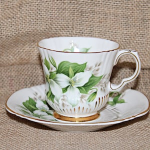 Royal Adderley Canadian Provincial Flowers Trillium Tea Cup and Saucer Set, Made in England, White Floral, Gilded Trim, Tea Party, Kitsch