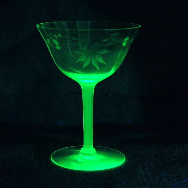 Uranium Glass Footed Martini Glass, Glowy Glass, Glows, Black Light Reactive, Floral, Leaf, 20th Century, Collectible, Decorative, Kitsch