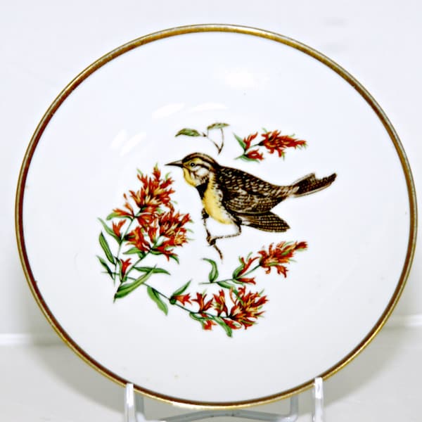 Schumann Arzberg Vogel Teller, Deutschland, Bayern, Finch, Grasmücke, vergoldeter Rand, goldene Krone ER, Blumen, Vogel, 1960 bis 1970, Sammlerstück, Kitsch