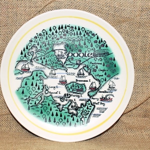 Poole Pottery Map Plate, Poole Hafen, Hergestellt in England, Dorset, Gelber Rand, Sammlerstück, Dekorativ, Geographisch, Übersicht, Maritim, Kitsch