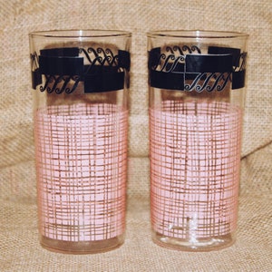 Pink and Black Highball Glass Pair, Crosshatch Pattern, Block and Filigree Design, Midcentury, MCM, Cocktails, Happy Hour, Barware, Kitsch