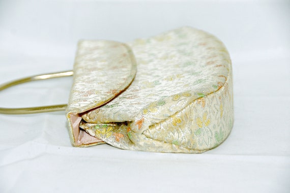 Yellow Floral Fabric Purse, Gold Handle, Satin In… - image 6