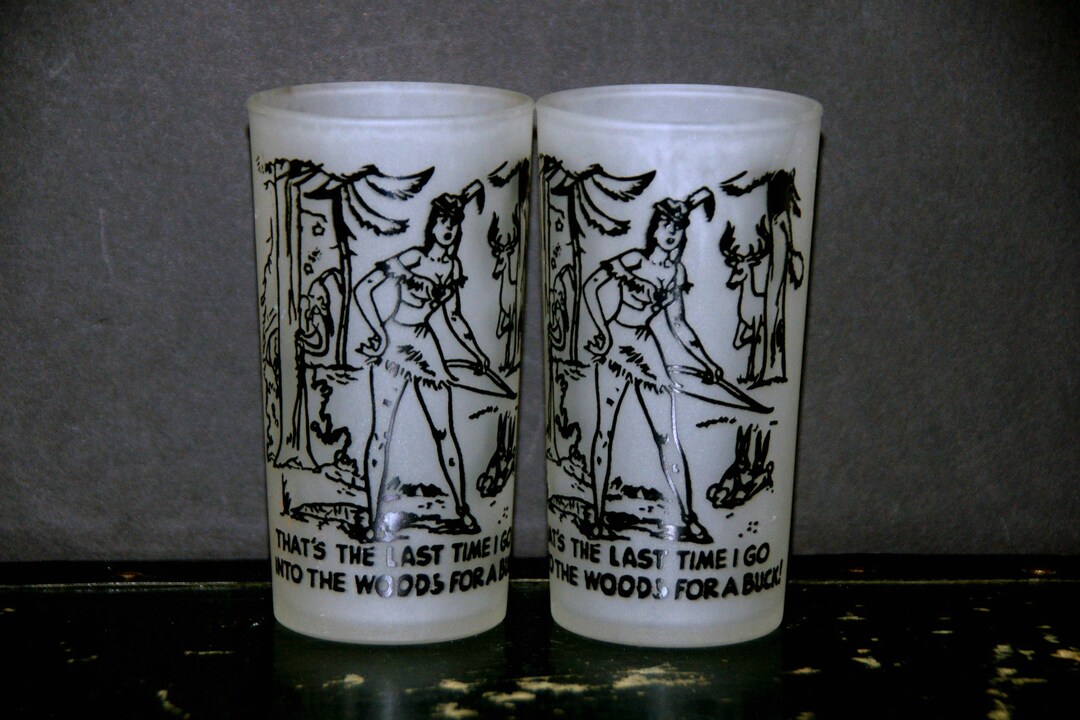 Hazel Atlas Novelty Highball Glass, Set of 2, Frosted, Comic, Woods for a Buck, Cocktails