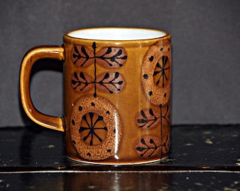 Retro Brown Floral Mug, Stylized Flower, Stoneware, 1970s, Coffee, Tea, Cocoa, Made in Japan, Breakfast, Vintage Kitchen, Tableware