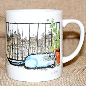 A Bowl of Milk and Thou Cat Mug, Ronald Searle, Balcony, City Scene, Plant, Searle&#39;s Cats, Smiling Kitty, Feline Friend, Coffee, Tea, Kitsch
