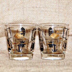 Nautical Theme Glasses Set, Rocks, Martini, Manhattan, Gold & Black, D Mark, Ship, Anchor, Ships Wheel, Flags, Sailing, Tropical, Kitsch