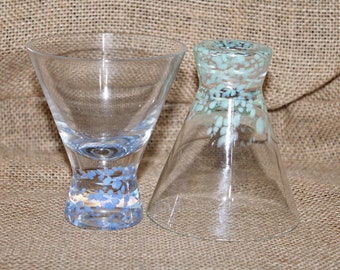Pastel Speckle Design Martini or Apertif Glasses, Set of 2, Footed, Blue and Green, Mid Century, Atomic Age, Cocktails, Happy Hour, Kitsch