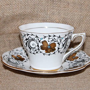 Rosina Gilded Floral Cup & Saucer Set, Black Vine Filigree, Blue Details, Made in England, Bone China, Teacup, Gold Trim, Scalloped, Kitsch
