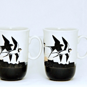 Swallow Bird Mug, Set of 2, EIR, Made In England, Black and White, Skyline, Cityscape, Sunset, Silhouette, 4.25 In Tall, Coffee, Tea, Kitsch