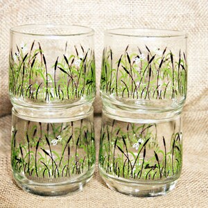 Cattails Rocks Glasses, Set of 4, No Spill, Balanced, Butterfly, Marsh, Pond, Nature Scene, Summer, Pool Party, Cocktails, Juice, Kitsch