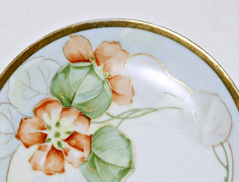 Gilded Rim Orange Floral Flowers 1920s 6 Inch 1900s Pale Blue Trim Antique Imperial Austria PSL Empire II Bread Plate Art Nouveau