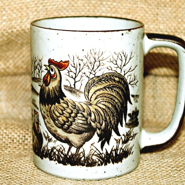 Otagiri Rooster on Farm Stoneware Mug, Speckled, Mottled, Brown Trim, Made in Japan, Windmill, Barn, Farmhouse Chic, Country Chic, Kitsch