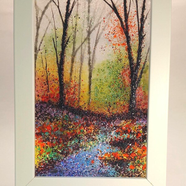 Framed Fused Glass art Decor. Winter pool Decor. (175x125x35mm)