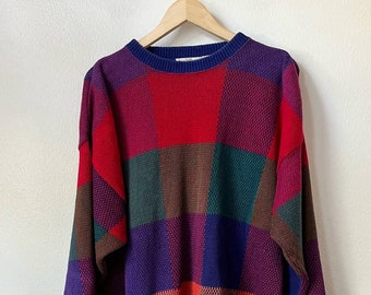 80s kid colorful abstract box pullover unisex sweater slouch XL dad