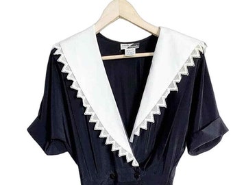 Vtg black white lace collar midi dress short slvs pleated gothic lolita secretary