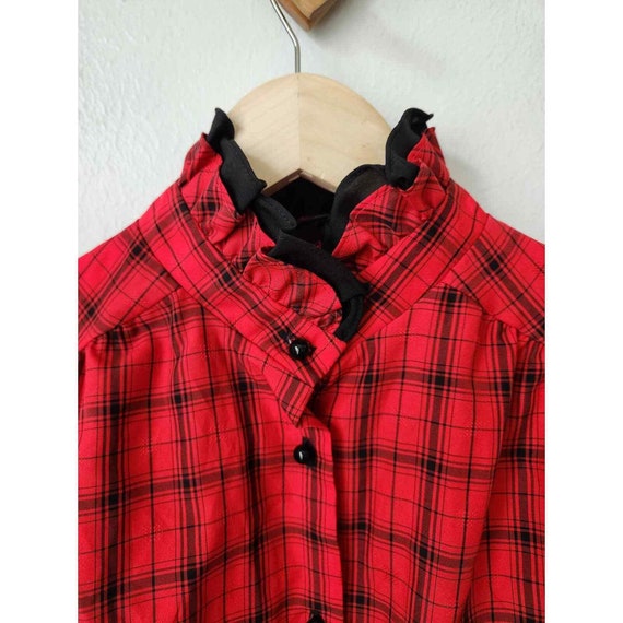 Vtg red black plaid ruffle collar button front bl… - image 2