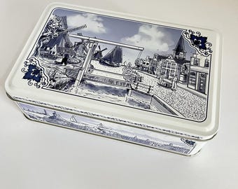 オランダの美しい青と白のビスケット缶、デルフト風の風車模様、状態良好、5x8cm