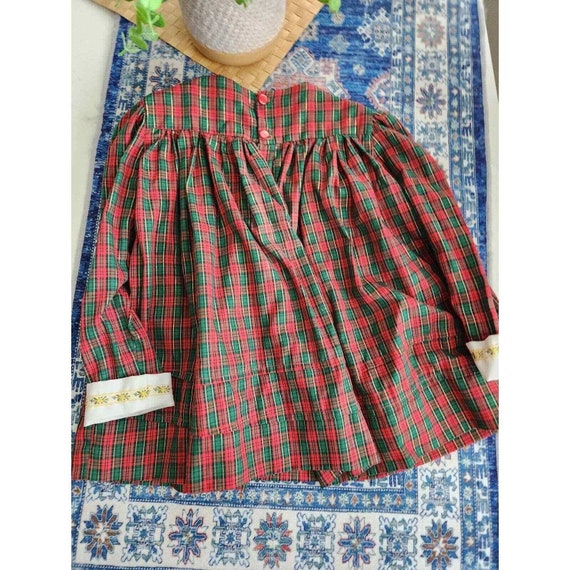 80s red plaid girls toddler dress embroidered col… - image 2