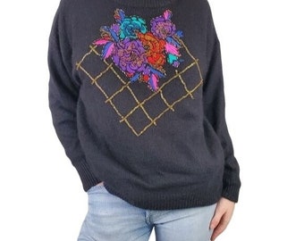 90er Jahre bunt bestickter Seiden-Angora-Pullover L