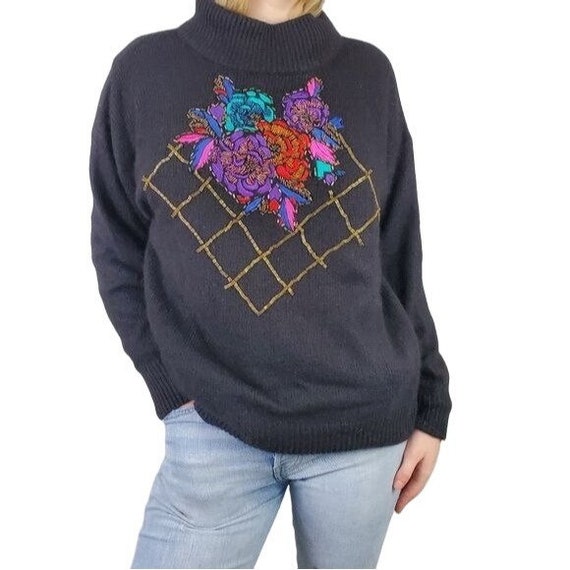 90s colorful embroidered silk angora sweater L