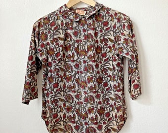 Vintage Kishi Batik Orient Phoenix Blumen Druck Knopf Damen Shirt Sz XS