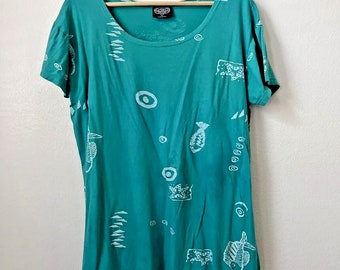 Vintage green fish stamp print flowy womens beach souvenir tshirt -- artsy boho beach hippie