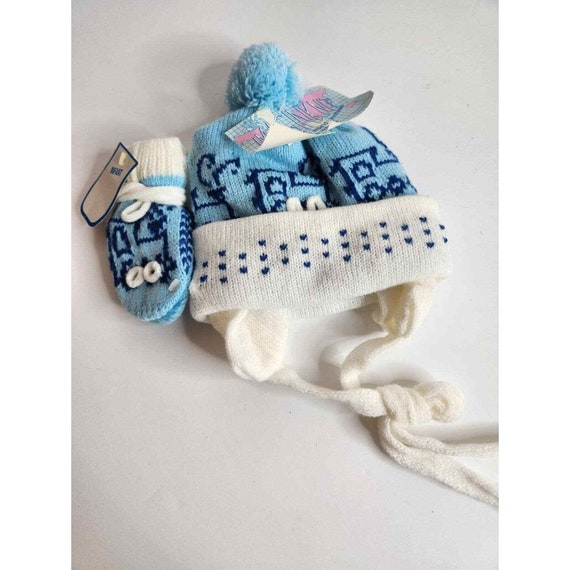 Vintage blue white knit baby hat mitten set tie c… - image 6