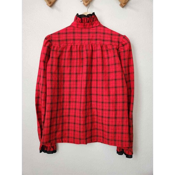Vtg red black plaid ruffle collar button front bl… - image 5