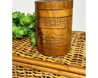 Vintage wood carved COFFEE canister Hawaiian Tiki 5" midcentury