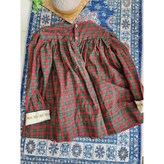 80s red plaid girls toddler dress embroidered col… - image 4