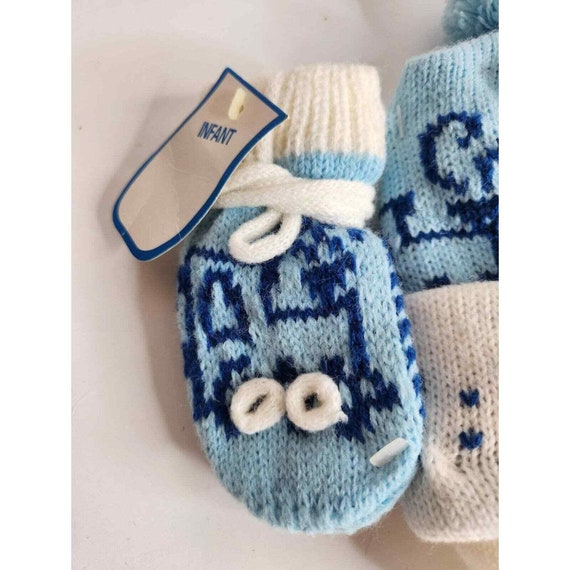 Vintage blue white knit baby hat mitten set tie c… - image 4
