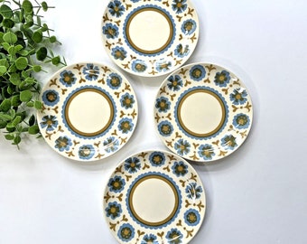 VTG set 4 Royal Ironstone Flower Dance 6" plates blue mustard, MCM, retro 60s