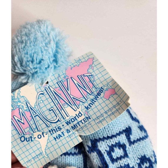 Vintage blue white knit baby hat mitten set tie c… - image 3
