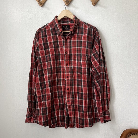 80s 90s red plaid distressed flannel button shirt… - image 1