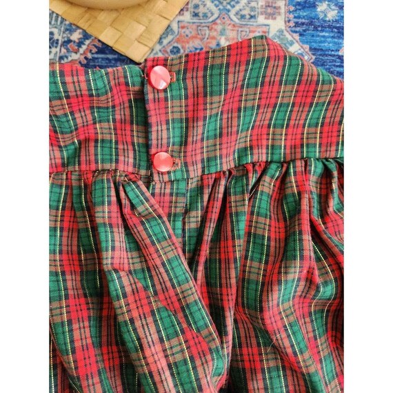 80s red plaid girls toddler dress embroidered col… - image 3