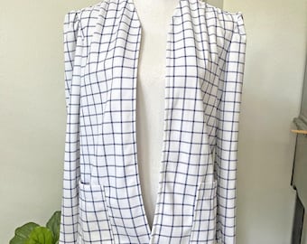 Blazer vintage de mujer de punto elástico con frente abierto, color blanco y azul a cuadros, estilo años 70, para iglesia o la iglesia.