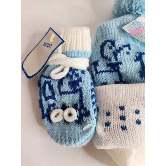 Vintage blue white knit baby hat mitten set tie c… - image 5