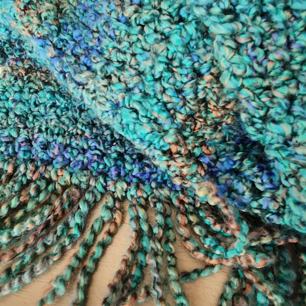 Mermaid theme super soft handmade crochet knit shawl scarf throw blanket 20x52 ocean beach house decor