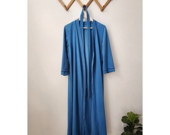 60s 70s blue bath robe unisex belted full length dark blue trim S/M/L velour